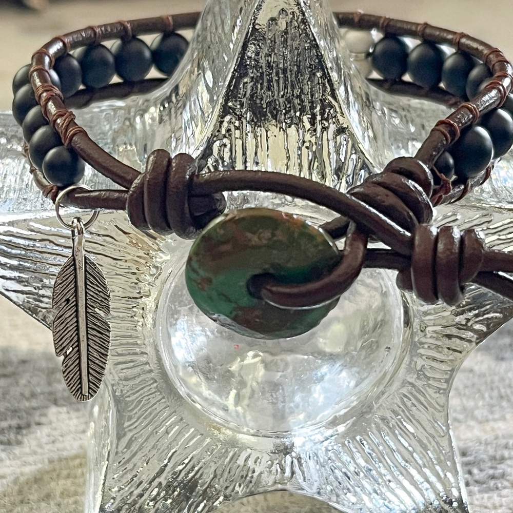 Large Leather Wrap Bracelet - Matte Onyx, Turquoise and Sterling silver 8" - 9 "